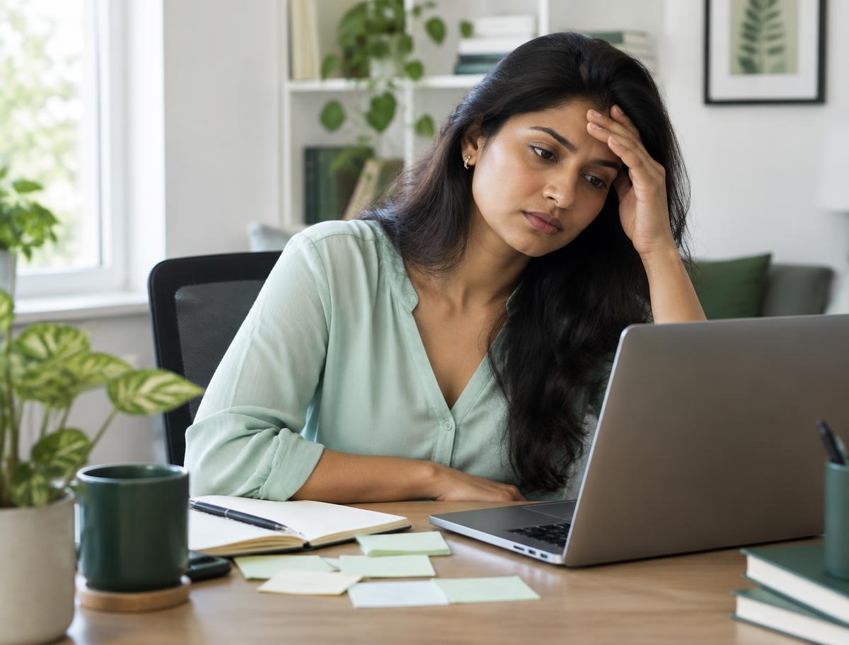 Working professional feeling overwhelmed at her desk